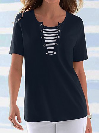 Buckle Notched Striped Color Block Short Sleeve Casual Tunic Shirt