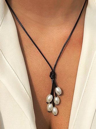 Boho Vacation Leather Pearl Pendant Necklace Western Jewelry