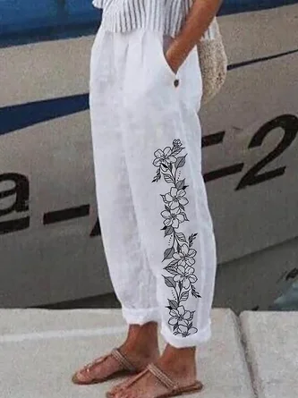 White And Black Floral Loose Casual Pants