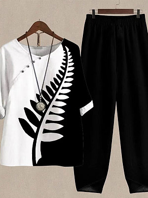 Loose Casual Leaf Crew Neck Two-Piece Set