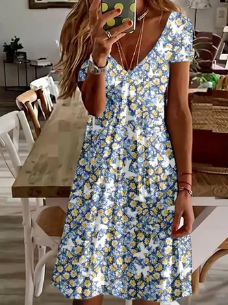 Regular Fit Floral Casual V Neck Dress