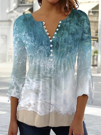 Buttoned Notched Random Print Casual tunic Top