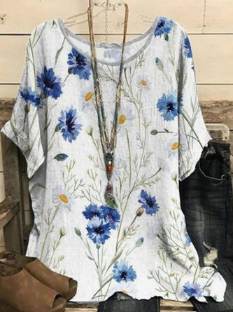 Plus Size Casual Loose Crew Neck Floral Shirt