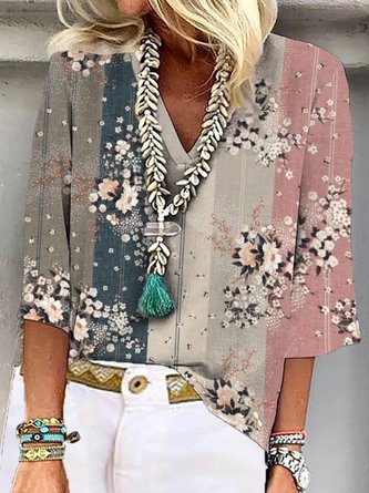 Plus Size Boho Loose V Neck Shirt