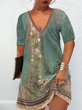 Plus Size Floral Jersey Loose Ethnic Dress