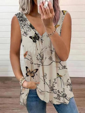 Plus Size Casual V Neck Butterfly Jersey Tank Top