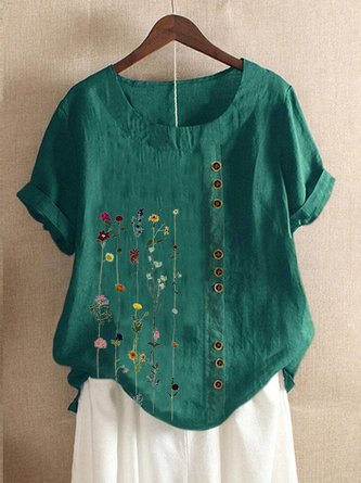 Plus Size Linen Floral Cotton Loose Blouse