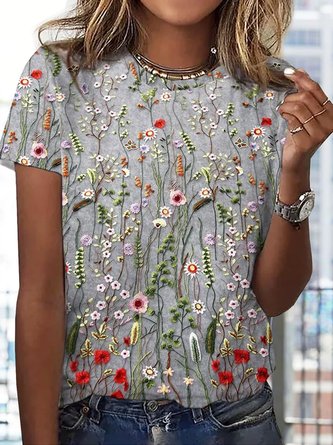 Plus Size Casual Jersey Floral Crew Neck T-Shirt
