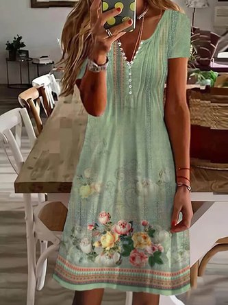 Loose Casual Green Floral Dress