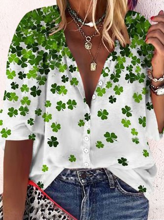St. Patrick's Day Plus Size Casual Shirt Collar Four-Leaf Clover Loose Blouse