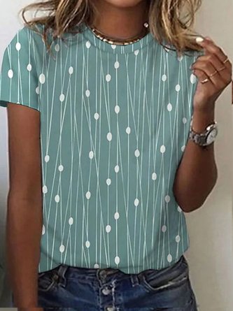Plus Size Casual Knitted Polka Dots Crew Neck T-Shirt