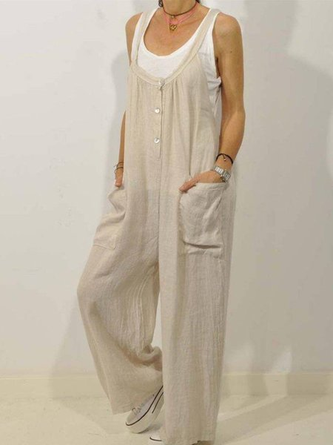Plus Size Casual Crew Neck Cotton Loose Romper & Jumpsuit
