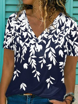 Plus Size V Neck Jersey Casual Floral T-Shirt
