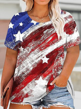Plus Size Casual America Flag Printed Crew Neck Loose T-Shirt