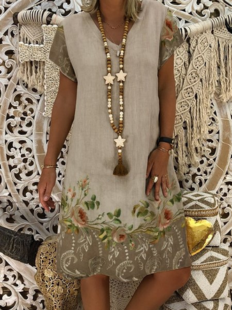 Plus Size Floral V Neck Linen Ethnic Dress