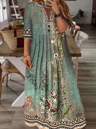 Plus Size Half Open Collar Casual Floral Dress