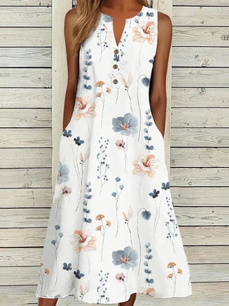 Buckle Floral Printed Loose Casual Dress