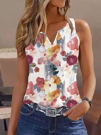 Floral Casual Loose Notched Tank Top