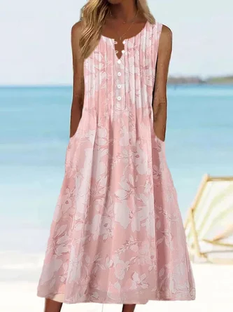 V Neck Buttoned Floral Vacation Dress