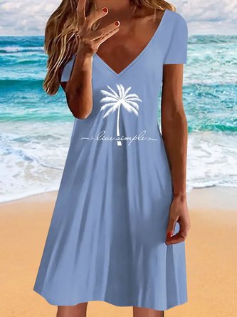 Jersey V Neck Coconut Tree Printed Casual Dress