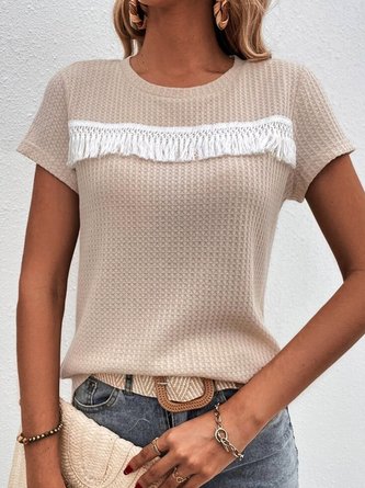 Plain Short Sleeve Tassel Lace Crew Neck Casual Shirt