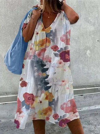 Plus Size Floral Vacation V Neck Loose Dress