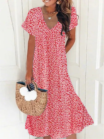 Plus Size V Neck Disty Floral Vacation Loose Dress