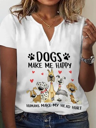 Plus Size Jersey Casual Half Open Collar Dog Pattern Shirt