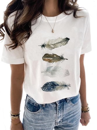Crew Neck Jersey Casual Feather Pattern T-Shirt
