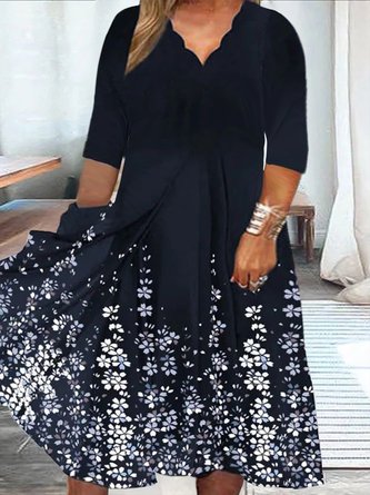 Plus Size Floral Casual V Neck A-Line Three Quarter Dress