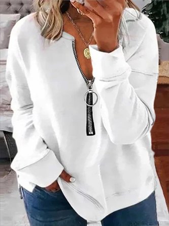Plus Size Long Sleeve V Neck Casual Solid Sweatshirt
