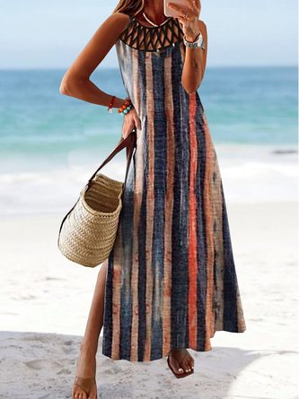 Striped Casual Jersey Cross Neck Dress