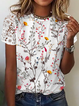 Lace Crew Neck Floral Casual Shirt