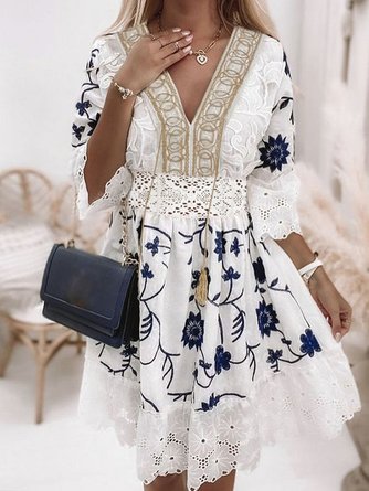 Lace Edge V Neck Floral Casual Dress