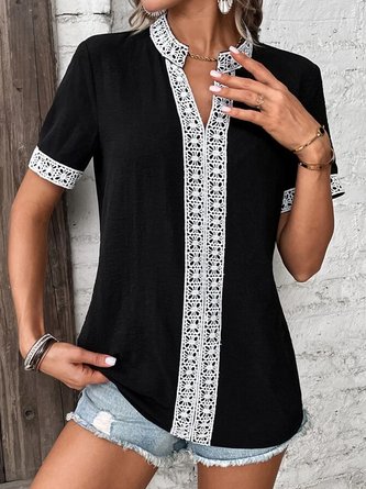 Lace Plain Casual Notched Shirt