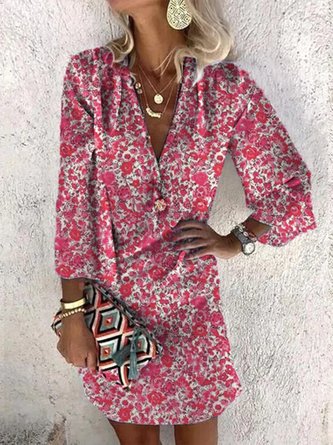Floral Vacation Loose V Neck Three Quarter Dress
