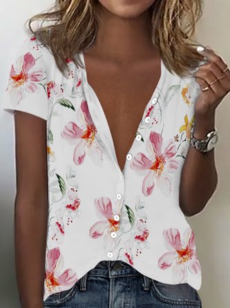 Floral Buckle V Neck Short Sleeve Casual Blouse