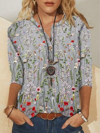 Casual Floral V Neck Loose Shirt