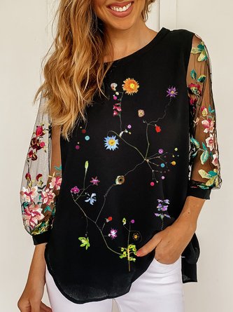Casual Embroidery Crew Neck Shirt