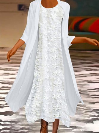 Floral Jacquard Crew Neck Crew Neck Dress With Coat Casual Two-Piece Set