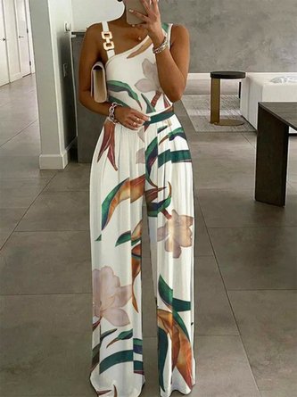 Floral Sleeveless Grommets Asymmetrical Neck Casual Jumpsuit