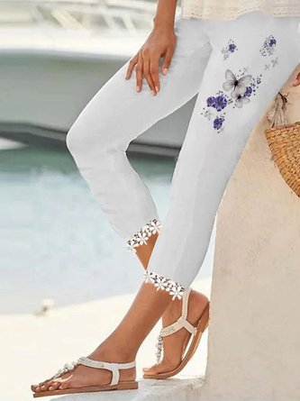 Floral Butterfly Lace Casual Elastic Waist Leggings