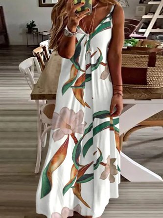 Plus Size Loose Vacation V Neck Leaf Dress