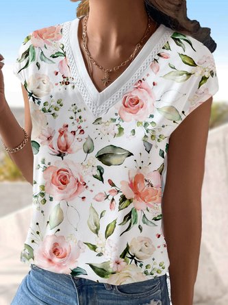 Casual Lace Floral V Neck T-Shirt