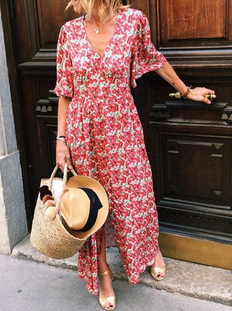 Vacation V Neck Printing Floral Dress