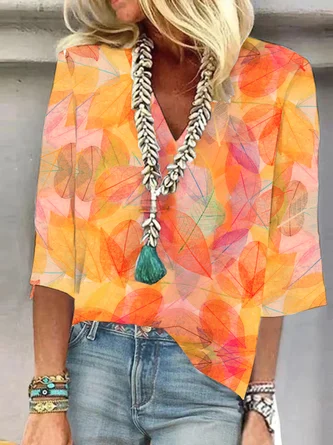 V Neck Casual Loose Leaf Shirt