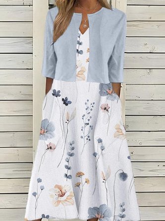 Elegant Loose Floral Printed Dress With 3/4 Sleeve Wrap Two-Piece Set