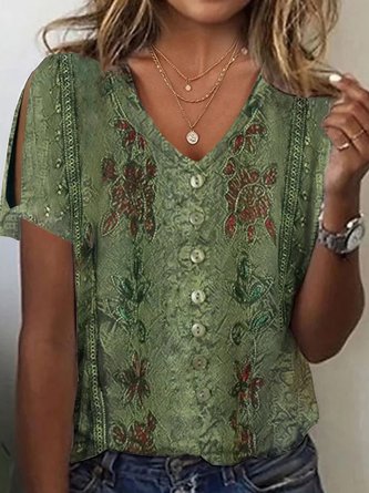 Plus Size Loose V Neck Casual Floral Shirt