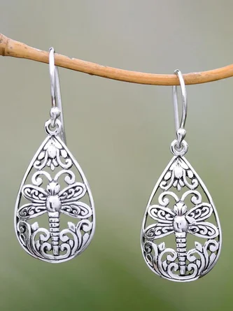 Vintage Silver Dragonfly Cutout Metal Earrings Casual Ethnic Women's Jewelry