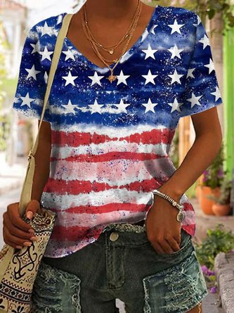 Casual Jersey Star V Neck Independence Day T-Shirt With America Flag